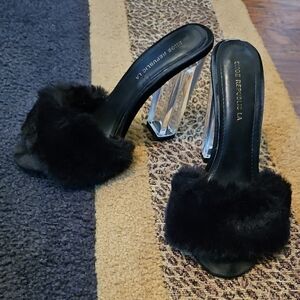 Shoe Republic LA Black Fur Heels with Clear Block